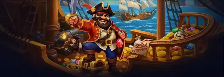 Visuel promotionnel Smash Casino : capitaine pirate, coffre de pièces et mention cashback 25 %